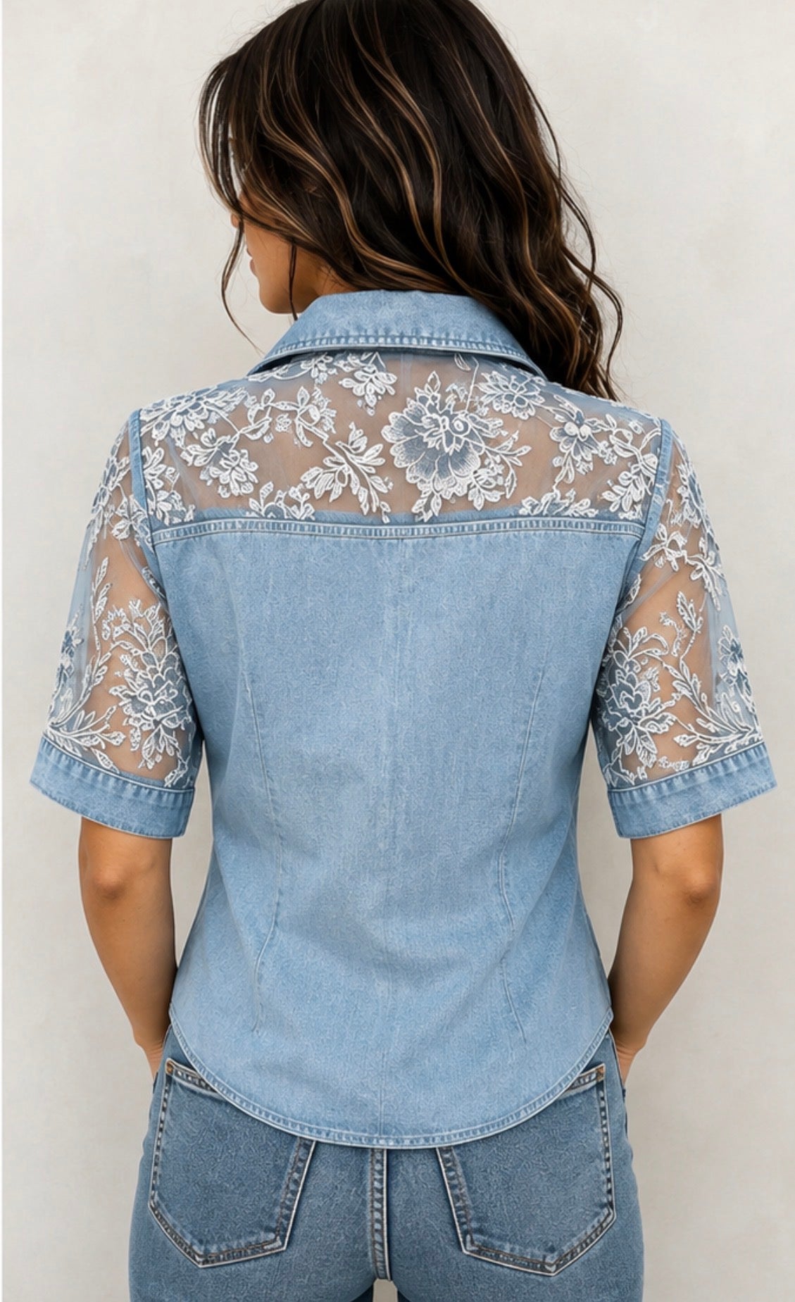 Button Down Denim Print & Floral Lace Top