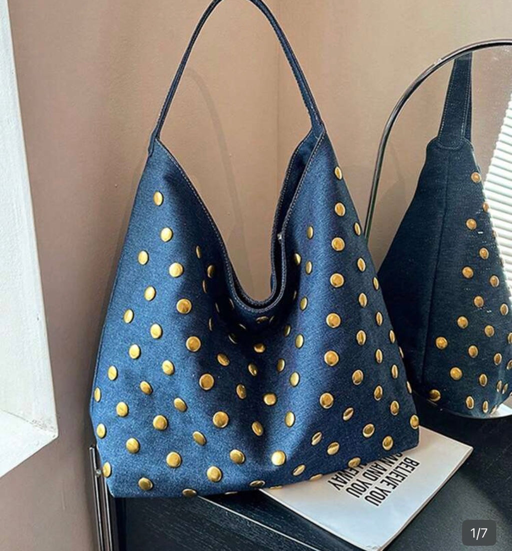 Gold Studded Denim Bag