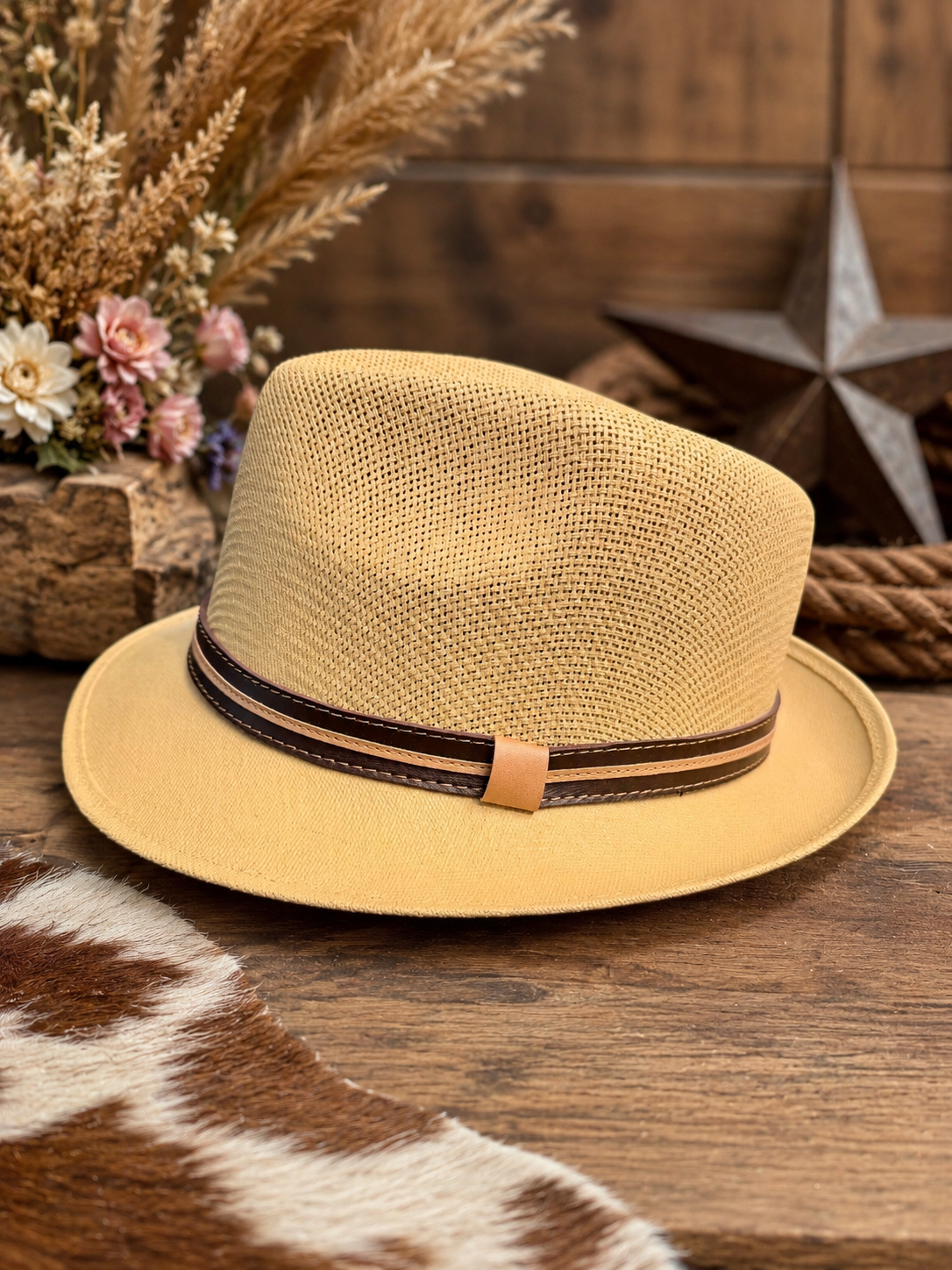 Tan Fedora Hat with Brown Band