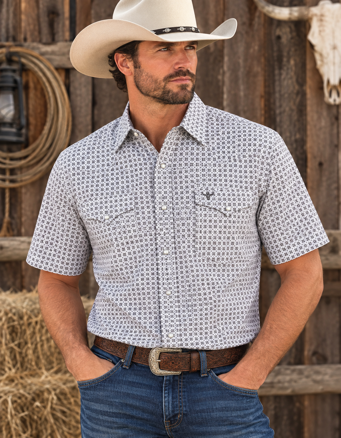Geometric Diamond Pearl Snap SS Button Up Shirt