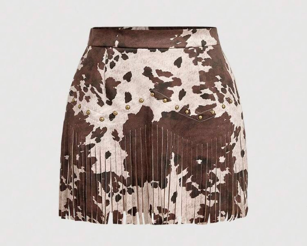 Cowgirl Fringe Cow Print Skirt