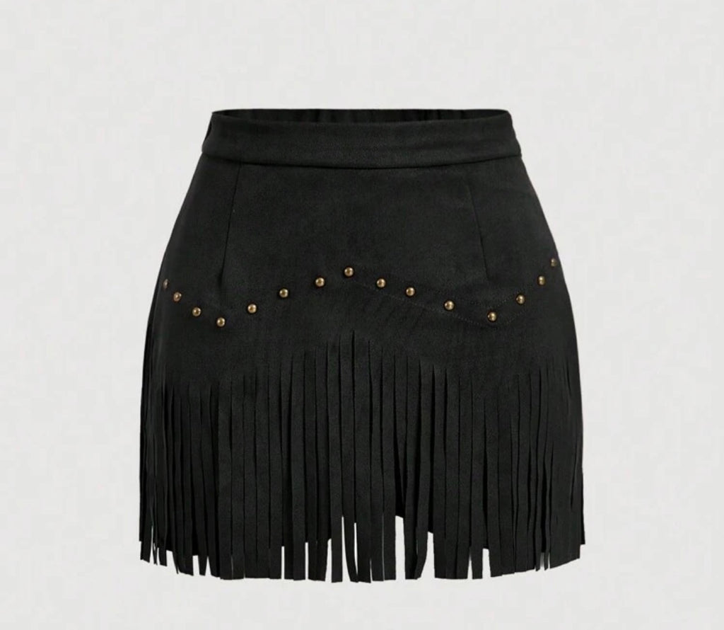 Fringe Black Suede Skirt