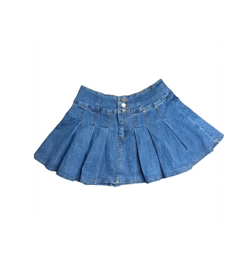 Pleated Denim Mini Skirt