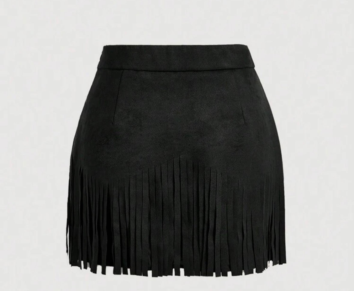 Fringe Black Suede Skirt