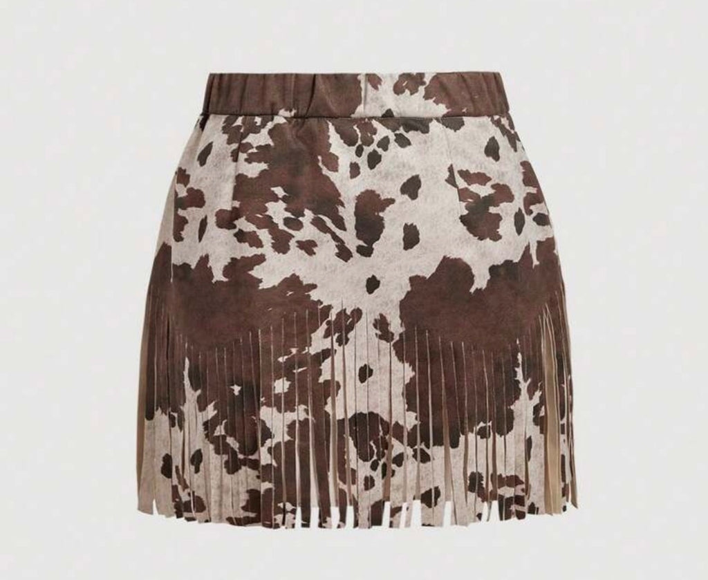 Cowgirl Fringe Cow Print Skirt