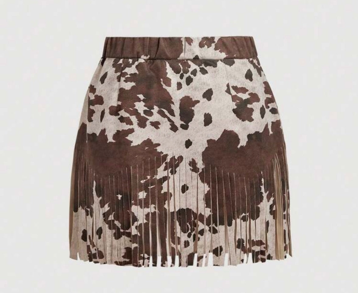 Cowgirl Fringe Cow Print Skirt